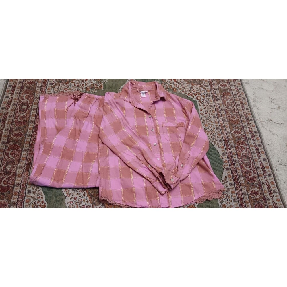 Vintage Y2K Victoria Secret Flannel Pajama Set Pink Plaid Size S